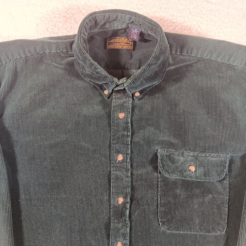 Vintage 90s Eddie Bauer Shirt Mens XL Green Corduroy Buttom Down Hipster Grandpa - Picture 3 of 9